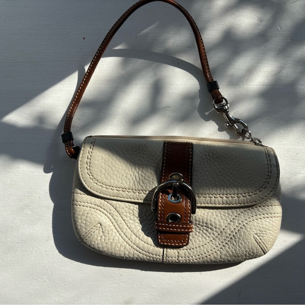 Vintage Coach Cream and Brown Leather wristlet purse